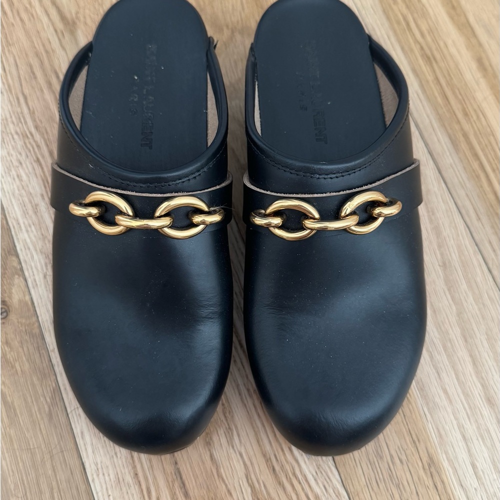 Saint Laurent Black Leather Mules with Gold Chain Accent